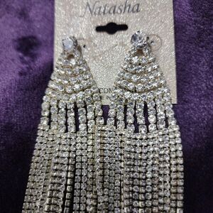 Natasha Silver Tone CZ Crystal Long Tassel Earrings NWT